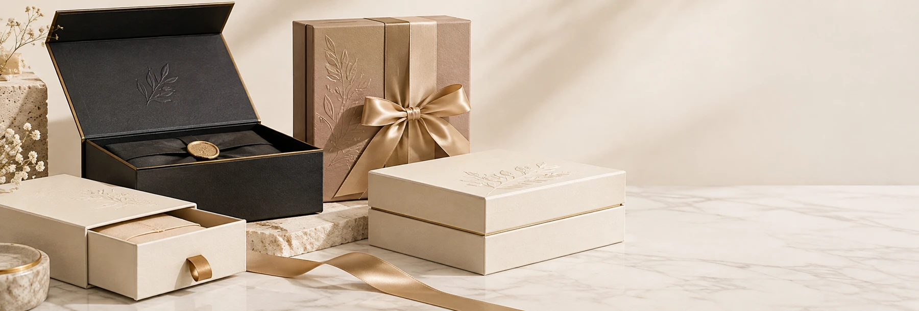 Gift packaging boxes in warm neutral and black finishes